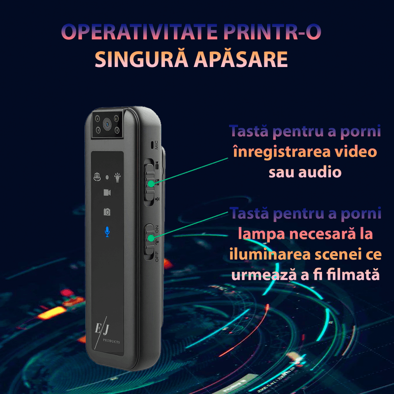 TV, Audio-Video si Foto - Camere video - Camere video compacte - Camera video corporala, full HD, 12 MP ,  baterie 600mAh, inregistrare continua 5 ore, rotatie camera 180°, microfon - Infinity.ro