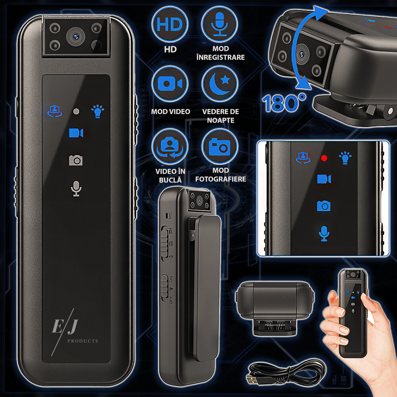 TV, Audio-Video si Foto - Camere video - Camere video compacte - Camera video corporala, full HD, 12 MP ,  baterie 600mAh, inregistrare continua 5 ore, rotatie camera 180°, microfon - Infinity.ro