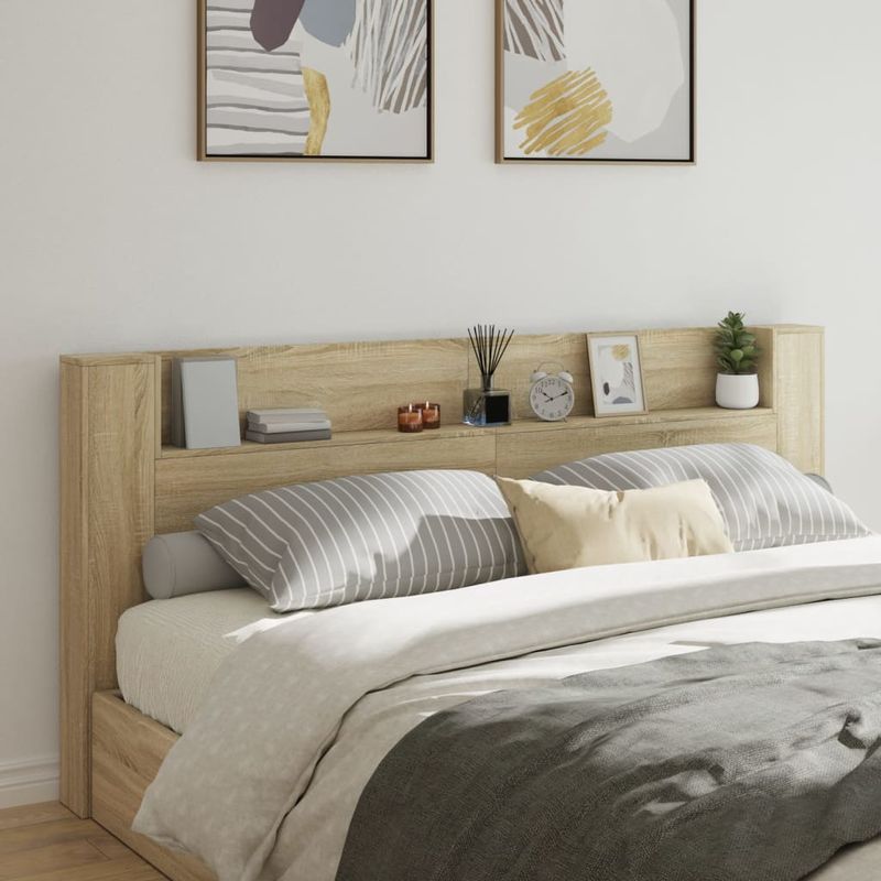 Casa si Gradina - Mobilier - Paturi si accesorii - Accesorii paturi - Tablie de pat cu dulap si LED, stejar sonoma, 220x16,5x103,5 cm - Infinity.ro
