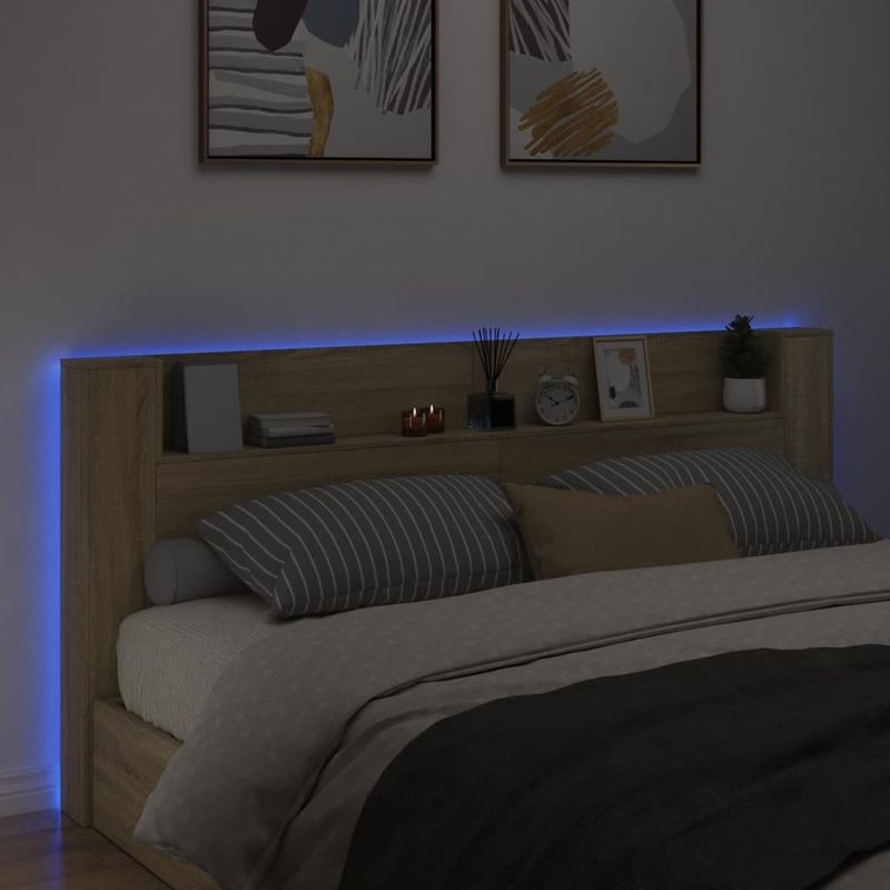 Casa si Gradina - Mobilier - Paturi si accesorii - Accesorii paturi - Tablie de pat cu dulap si LED, stejar sonoma, 220x16,5x103,5 cm - Infinity.ro