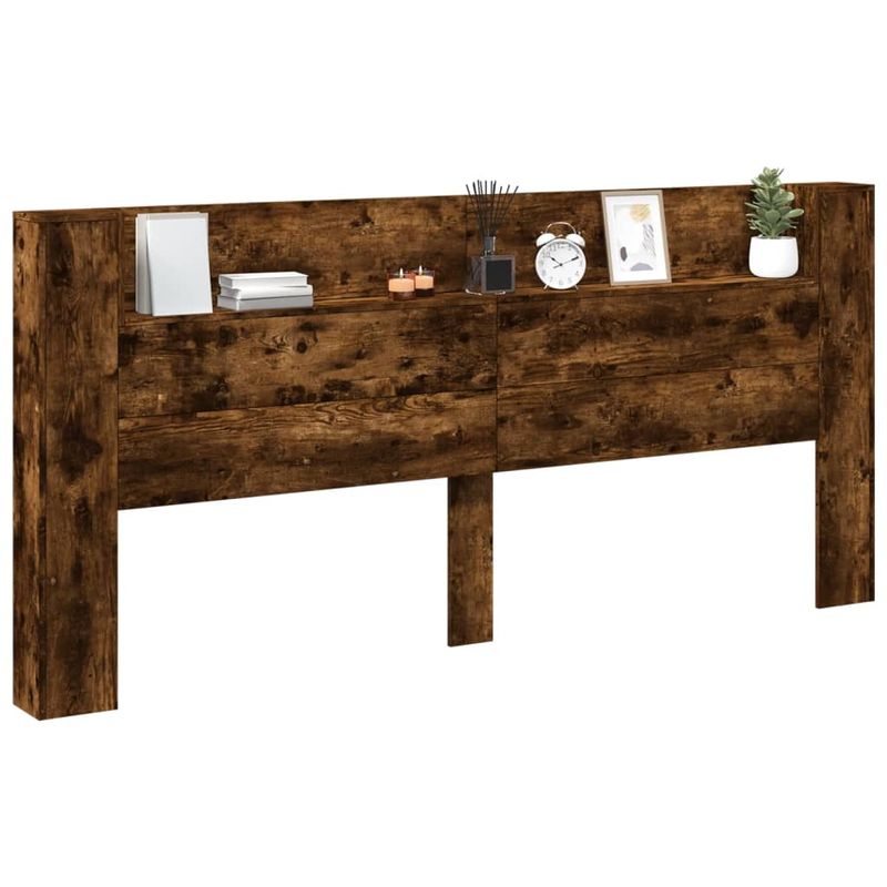 Casa si Gradina - Mobilier - Paturi si accesorii - Accesorii paturi - Tablie de pat cu dulap si LED, stejar fumuriu, 220x16,5x103,5cm - Infinity.ro