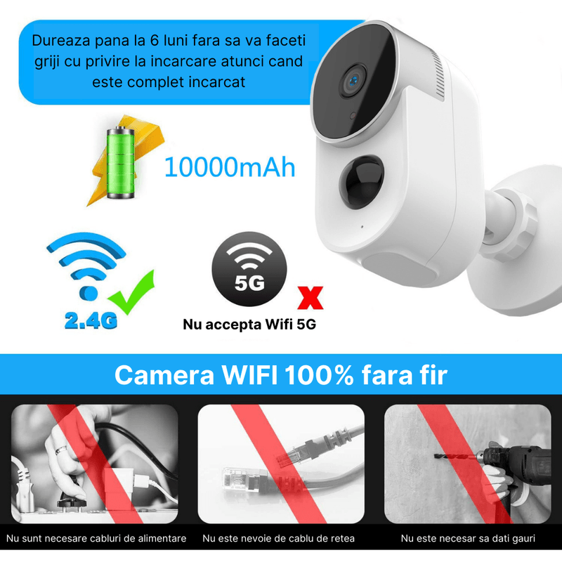 Casa si Gradina - Electrice - Smart Home - Camere de supraveghere - Camera de supraveghere cu panou solar MaGeCa®, Wi-Fi 2.4 Ghz, Baterie reincarcabila 10000 mAh, Vedere zi si noapte - Infinity.ro