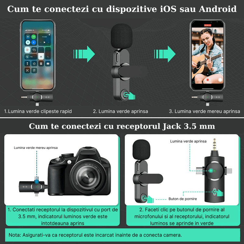 Set 2 microfoane wireless MaGeCa®, tip lavaliera 3 in 1, Compatibil cu ...