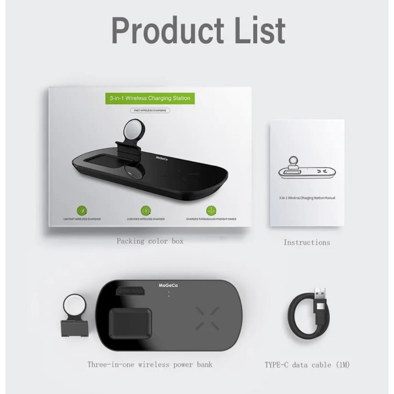 Laptop, Telefoane si Tablete - Telefoane mobile si accesorii - Accesorii Telefoane - Incarcatoare telefoane - Statie de incarcare wireless MaGeCa® 3 in 1 pentru iPhone / Apple Watch / AirPods, Incarcare rapida Quick Charge 3.0 - Infinity.ro