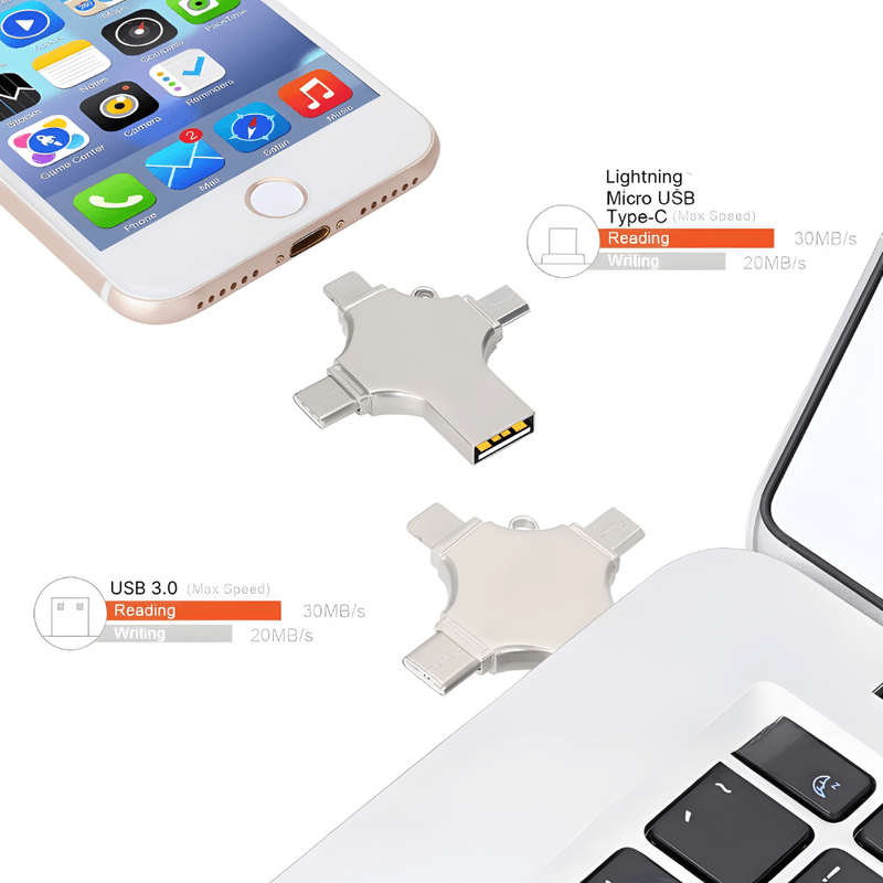 PC, gaming si accesorii - Periferice PC - Memorii USB - Stick de memorie metalic MaGeCa® 64 GB, Multi port 4 in 1, USB 3.0/ USB Type-C/ Lightning/ Micro-USB - Infinity.ro