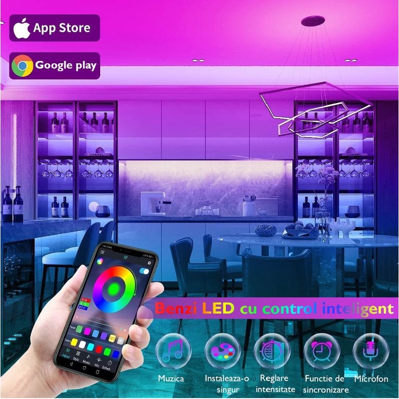 Casa si Gradina - Corpuri si surse de iluminat - Benzi LED - Kit banda LED MaGeCa® 5050 RGB, 10m, Control APP/Bluetooth/Telecomanda, Schimbare Culori Pe Ritmul Muzicii - Infinity.ro