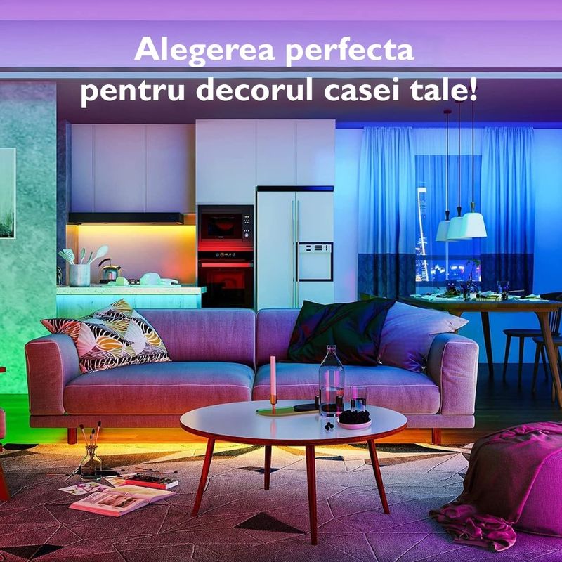 Casa si Gradina - Corpuri si surse de iluminat - Benzi LED - Kit banda LED MaGeCa® 5050 RGB, 10m, Control APP/Bluetooth/Telecomanda, Schimbare Culori Pe Ritmul Muzicii - Infinity.ro