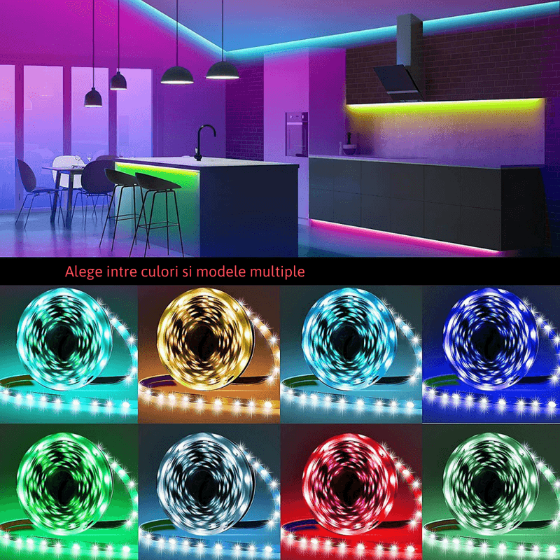 Casa si Gradina - Corpuri si surse de iluminat - Benzi LED - Kit banda LED MaGeCa® 5050 RGB, 10m, Control APP/Bluetooth/Telecomanda, Schimbare Culori Pe Ritmul Muzicii - Infinity.ro