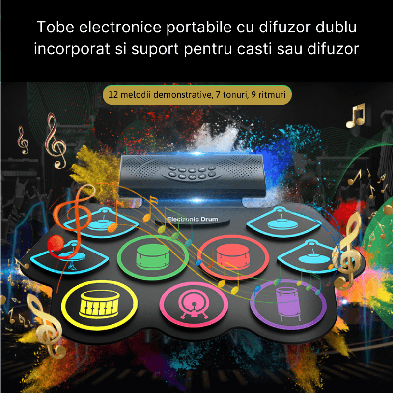 Jucarii, Copii si Bebe - Jucarii si jocuri - Jucarii de rol - Instrumente muzicale de jucarie - Set tobe electronice MaGeCa® cu pedale de picior, Design compact si portabil, 9 Pad-uri de tobe colorate, Silicon - Infinity.ro