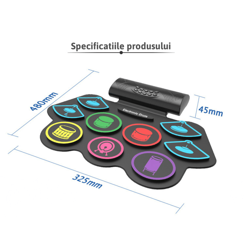 Jucarii, Copii si Bebe - Jucarii si jocuri - Jucarii de rol - Instrumente muzicale de jucarie - Set tobe electronice MaGeCa® cu pedale de picior, Design compact si portabil, 9 Pad-uri de tobe colorate, Silicon - Infinity.ro