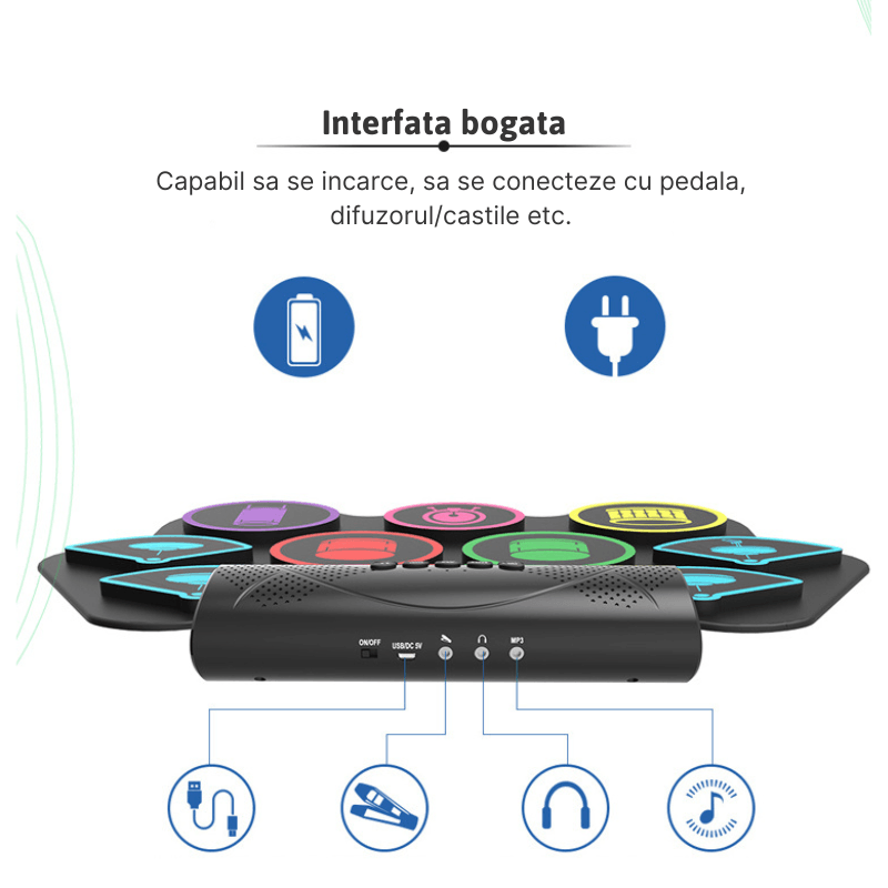 Jucarii, Copii si Bebe - Jucarii si jocuri - Jucarii de rol - Instrumente muzicale de jucarie - Set tobe electronice MaGeCa® cu pedale de picior, Design compact si portabil, 9 Pad-uri de tobe colorate, Silicon - Infinity.ro