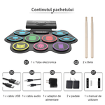 Jucarii, Copii si Bebe - Jucarii si jocuri - Jucarii de rol - Instrumente muzicale de jucarie - Set tobe electronice MaGeCa® cu pedale de picior, Design compact si portabil, 9 Pad-uri de tobe colorate, Silicon - Infinity.ro