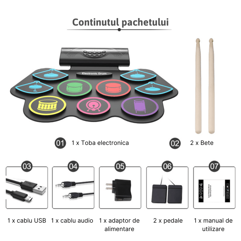 Jucarii, Copii si Bebe - Jucarii si jocuri - Jucarii de rol - Instrumente muzicale de jucarie - Set tobe electronice MaGeCa® cu pedale de picior, Design compact si portabil, 9 Pad-uri de tobe colorate, Silicon - Infinity.ro