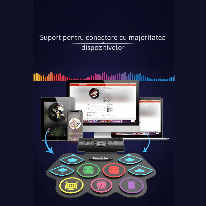 Jucarii, Copii si Bebe - Jucarii si jocuri - Jucarii de rol - Instrumente muzicale de jucarie - Set tobe electronice MaGeCa® cu pedale de picior, Design compact si portabil, 9 Pad-uri de tobe colorate, Silicon - Infinity.ro