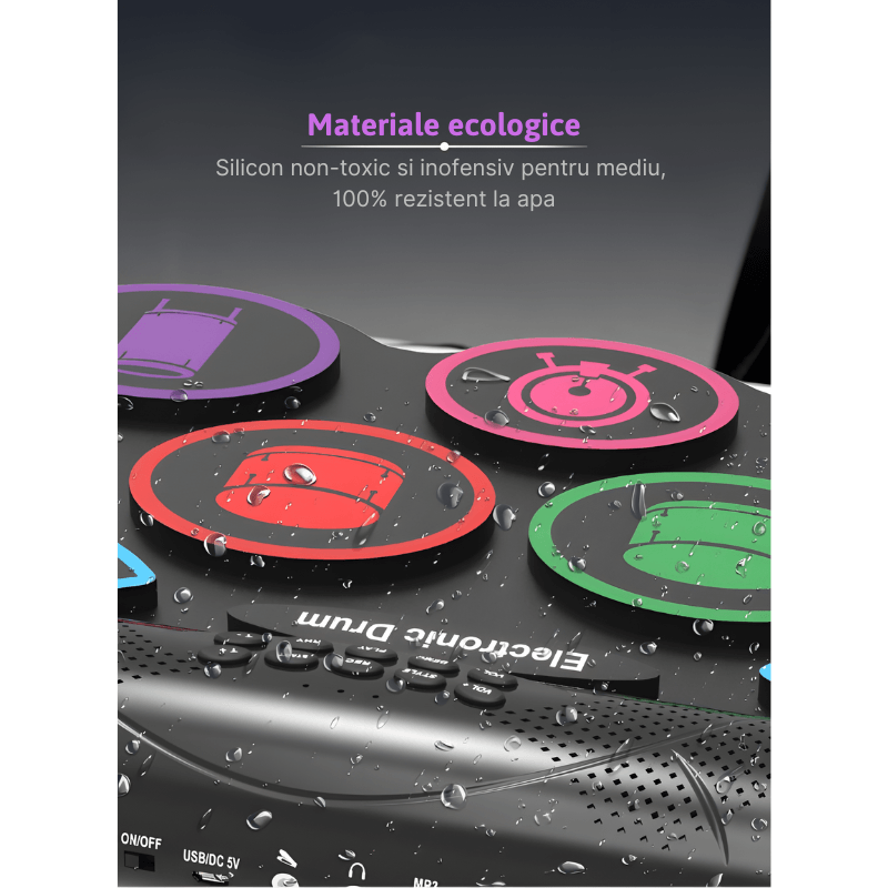 Jucarii, Copii si Bebe - Jucarii si jocuri - Jucarii de rol - Instrumente muzicale de jucarie - Set tobe electronice MaGeCa® cu pedale de picior, Design compact si portabil, 9 Pad-uri de tobe colorate, Silicon - Infinity.ro