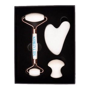 Set 3 piese din jad alb: rola dubla, Gua Sha si piatra in forma de ciuperca, pentru masaj facial si corporal