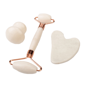 Set 3 piese din jad alb: rola dubla, Gua Sha si piatra in forma de ciuperca, pentru masaj facial si corporal