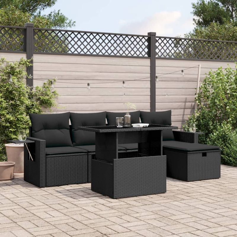 Casa si Gradina - Gradina si terasa - Mobilier exterior - Seturi mobila gradina - Set mobilier de gradina cu perne, 6 piese, negru, poliratan - Infinity.ro