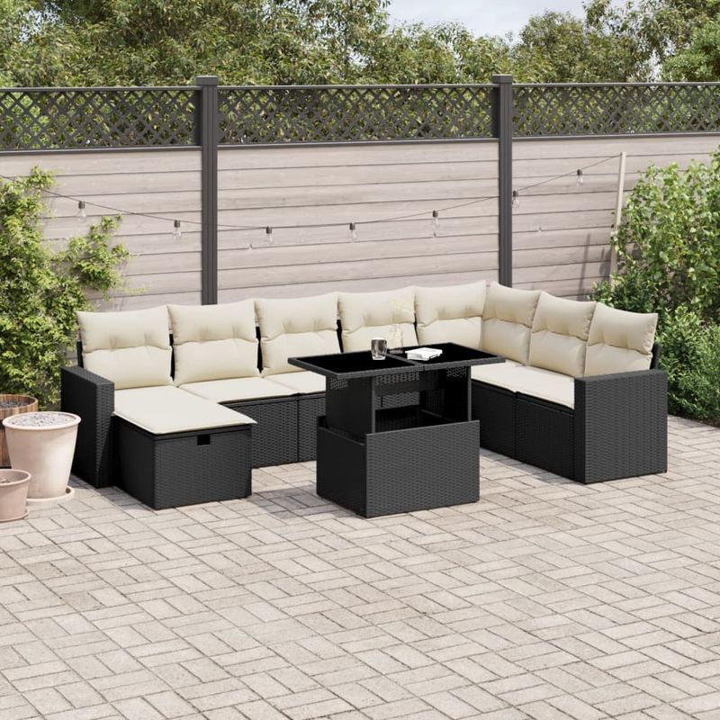 Casa si Gradina - Gradina si terasa - Mobilier exterior - Seturi mobila gradina - Set mobilier de gradina cu perne, 9 piese, negru, poliratan - Infinity.ro