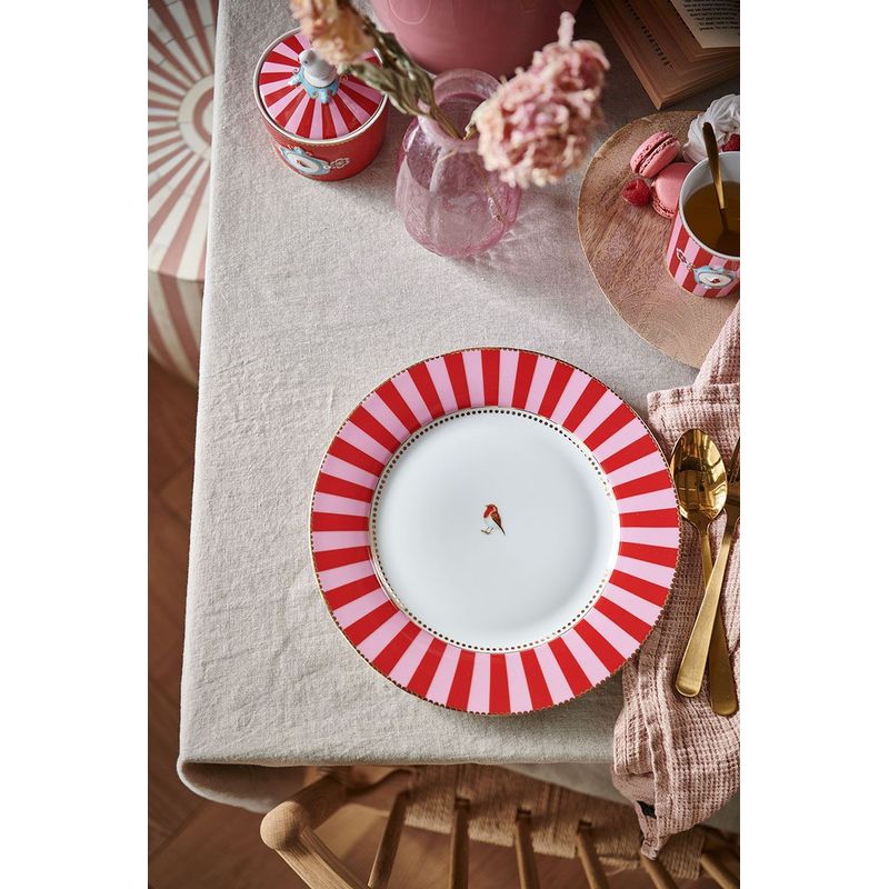 Casa si Gradina - Bucatarie si vesela - Vesela si tacamuri - Farfurii si boluri - Farfurie din portelan Love Birds Stripes rosie 26.5cm - Infinity.ro