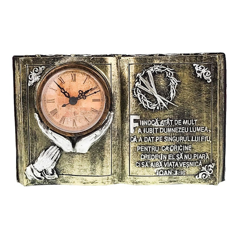Casa si Gradina - Decoratiuni - Ceasuri - Ceas de masa, In forma de carte cu citat religios si coroane de spini, 24 cm, 1694H-1 - Infinity.ro