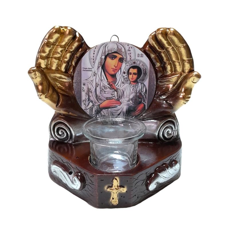 Casa si Gradina - Decoratiuni - Aromaterapie si lumanari - Suporturi lumanari - Candela cu doua maini, Fecioara Maria cu pruncul IIsus Hristos, 17 cm, GXL049 - Infinity.ro