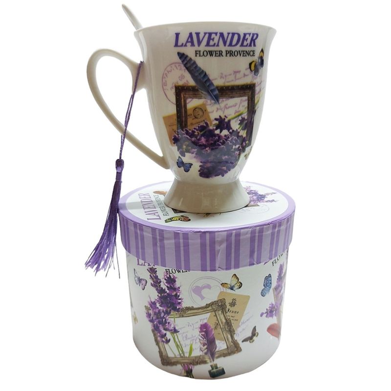 Casa si Gradina - Bucatarie si vesela - Cani si pahare - Cani si cesti - Cana din ceramica cu lingurita, Model cu lavanda, Mov, DO116G - Infinity.ro