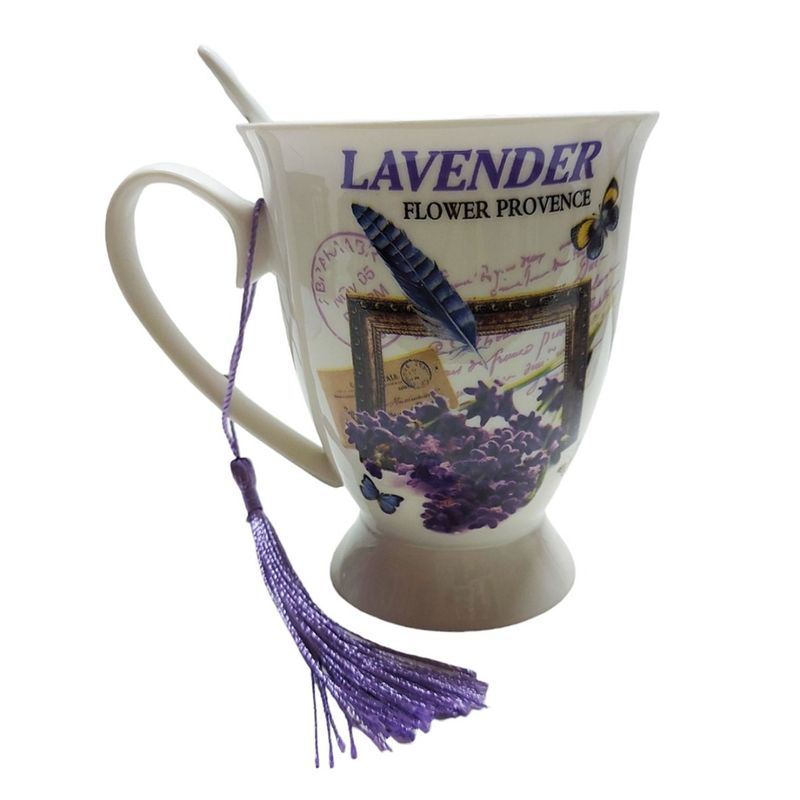 Casa si Gradina - Bucatarie si vesela - Cani si pahare - Cani si cesti - Cana din ceramica cu lingurita, Model cu lavanda, Mov, DO116G - Infinity.ro