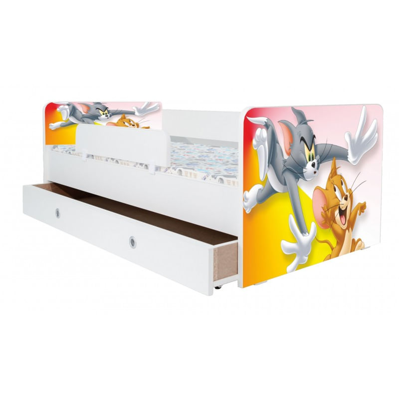 Casa si Gradina - Mobilier - Mobilier copii - Patuturi copii - Pat pentru copii Kiddy Tom si Jerry, 160x80 cm, cu sertar, alb/multicolor, saltea inclusa - Infinity.ro
