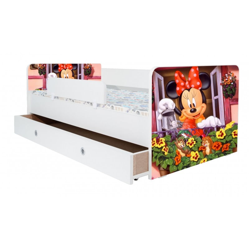Casa si Gradina - Mobilier - Mobilier copii - Patuturi copii - Pat pentru copii Kiddy Minnie, 130x60 cm, cu sertar, alb/multicolor, saltea inclusa - Infinity.ro