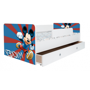 Pat pentru copii Kiddy Mickey Mouse, 140x70 cm, cu sertar, alb/multicolor, saltea inclusa