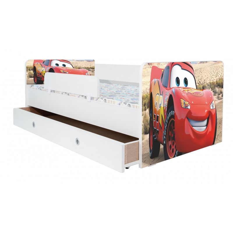 Casa si Gradina - Mobilier - Mobilier copii - Patuturi copii - Pat pentru copii Kiddy Cars, 130x60 cm, cu sertar, alb/multicolor, saltea inclusa - Infinity.ro