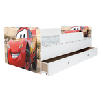 Casa si Gradina - Mobilier - Mobilier copii - Patuturi copii - Pat pentru copii Kiddy Cars, 130x60 cm, cu sertar, alb/multicolor, saltea inclusa - Infinity.ro