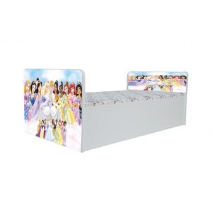 Pat pentru copii Aero Printese Disney, 130x60 cm, alb/multicolor, saltea inclusa