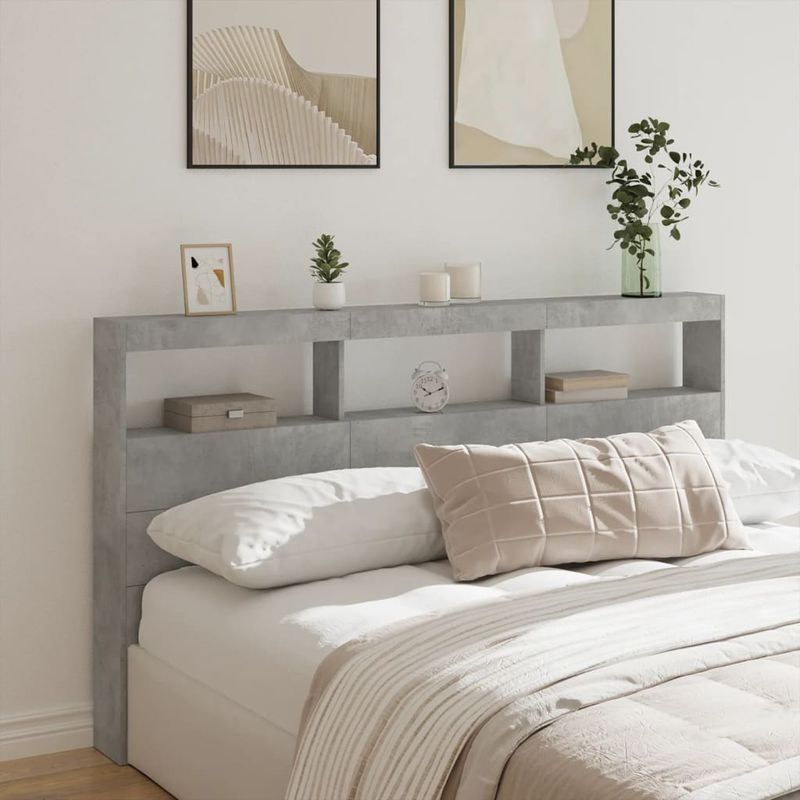 Casa si Gradina - Mobilier - Paturi si accesorii - Accesorii paturi - Tablie de pat cu dulap si LED, gri beton, 180x17x102 cm - Infinity.ro