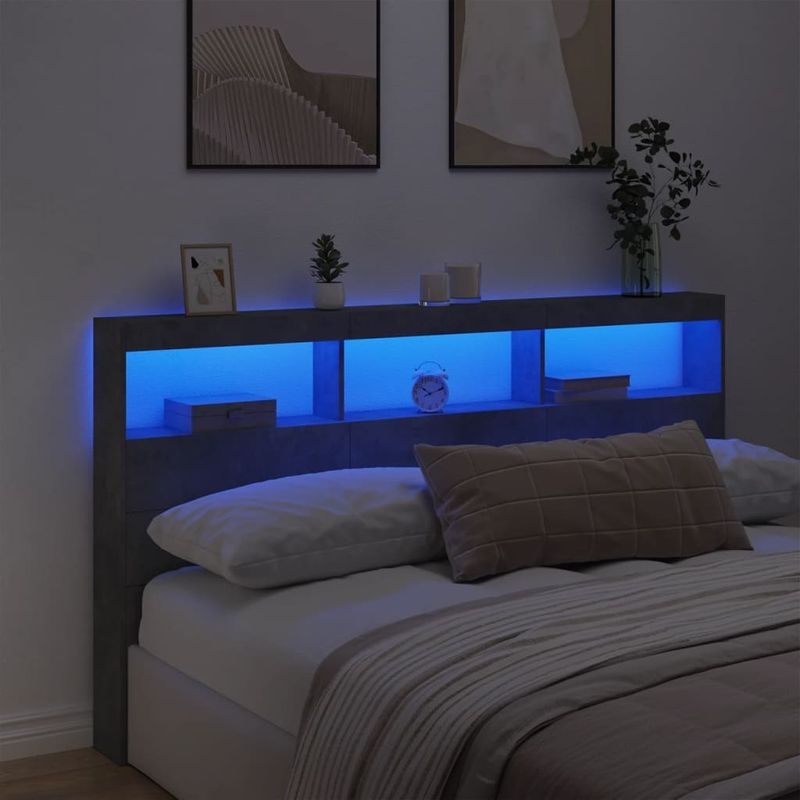 Casa si Gradina - Mobilier - Paturi si accesorii - Accesorii paturi - Tablie de pat cu dulap si LED, gri beton, 180x17x102 cm - Infinity.ro
