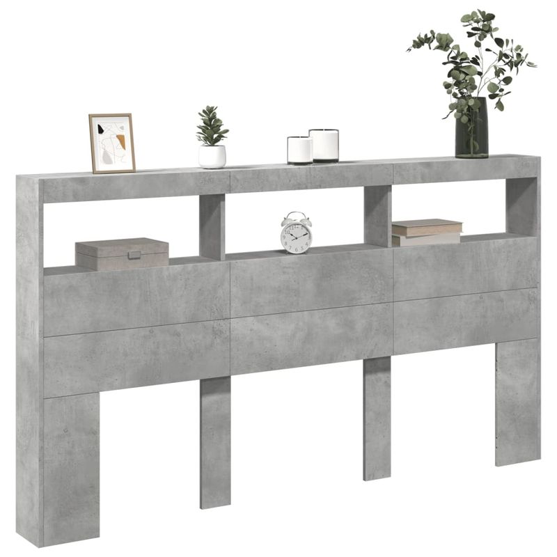 Casa si Gradina - Mobilier - Paturi si accesorii - Accesorii paturi - Tablie de pat cu dulap si LED, gri beton, 180x17x102 cm - Infinity.ro