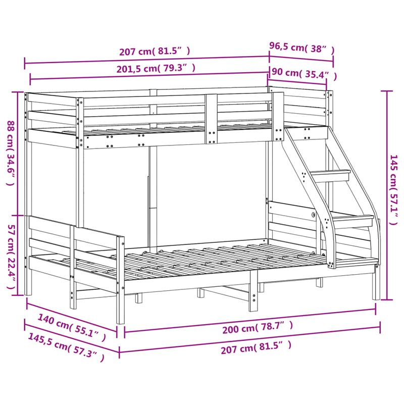 Casa si Gradina - Mobilier - Paturi si accesorii - Paturi - Pat supraetajat, 90x200/140x200 cm, alb, lemn masiv de pin - Infinity.ro