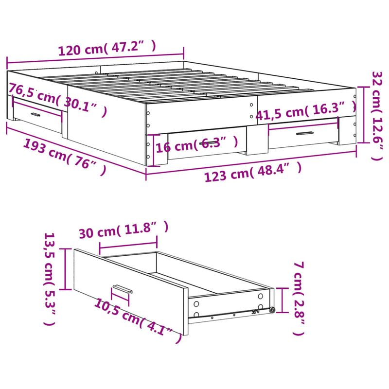Casa si Gradina - Mobilier - Paturi si accesorii - Paturi - Cadru de pat cu sertare, gri beton, 120x190 cm, lemn prelucrat - Infinity.ro