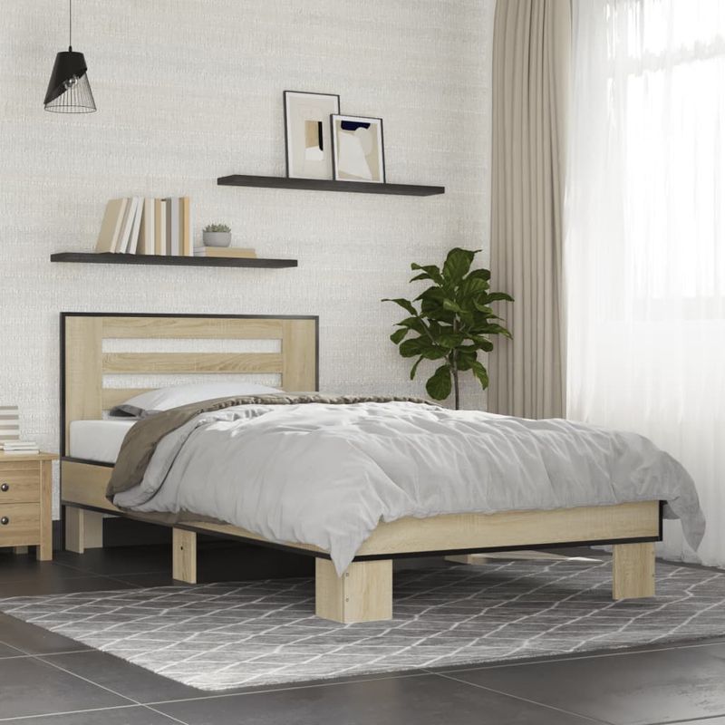 Casa si Gradina - Mobilier - Paturi si accesorii - Paturi - Cadru de pat, stejar sonoma, 90x200 cm, lemn prelucrat si metal - Infinity.ro