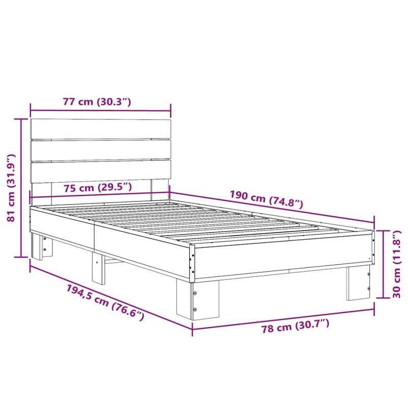 Casa si Gradina - Mobilier - Paturi si accesorii - Paturi - Cadru de pat, stejar fumuriu, 75x190cm, lemn prelucrat si metal - Infinity.ro