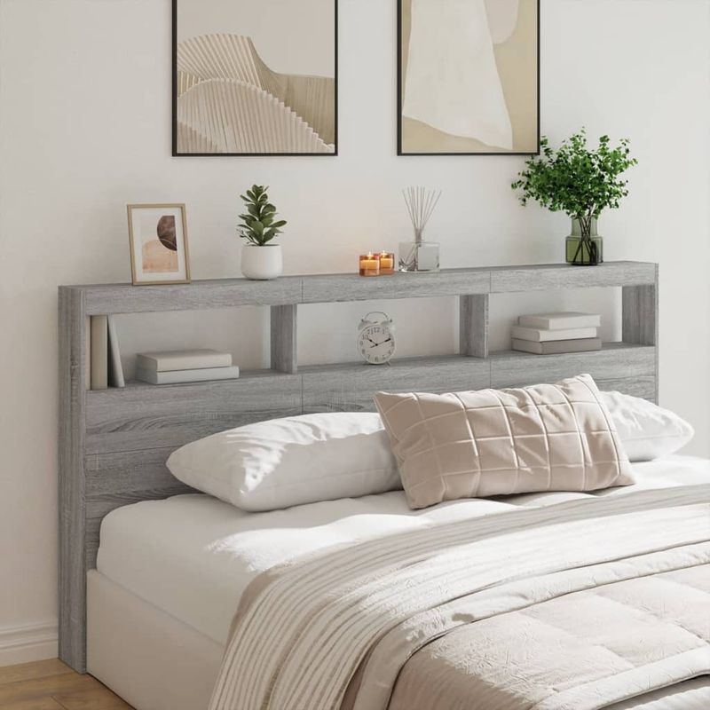 Casa si Gradina - Mobilier - Paturi si accesorii - Accesorii paturi - Tablie de pat cu dulap si LED, gri sonoma, 200x17x102 cm - Infinity.ro