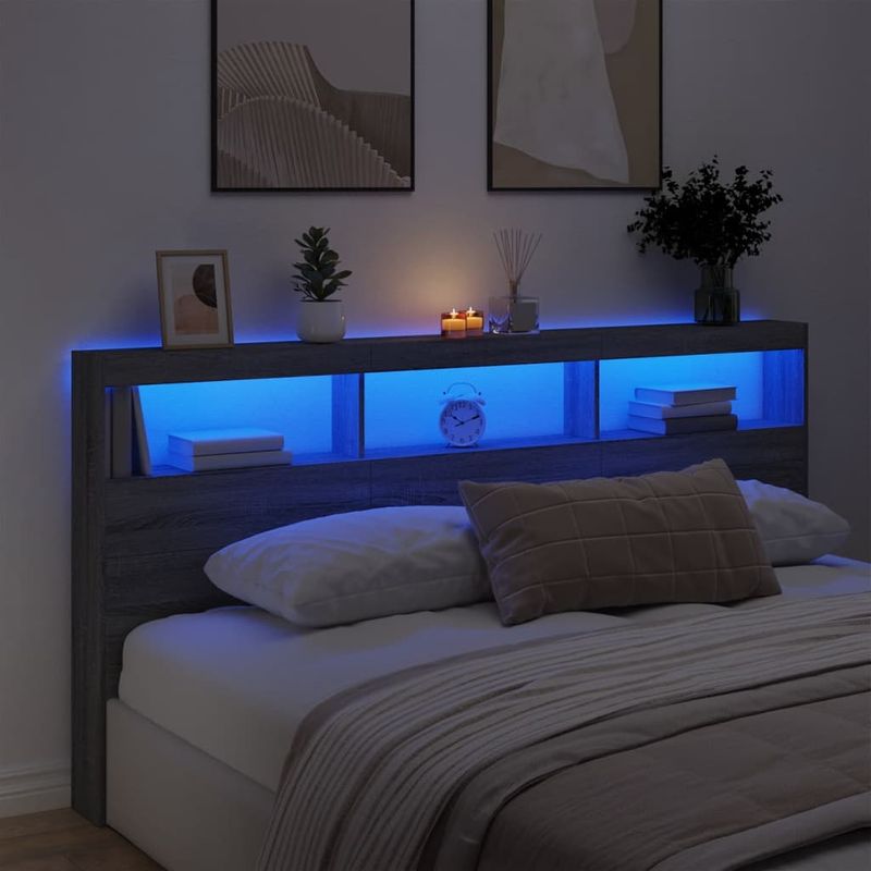 Casa si Gradina - Mobilier - Paturi si accesorii - Accesorii paturi - Tablie de pat cu dulap si LED, gri sonoma, 200x17x102 cm - Infinity.ro