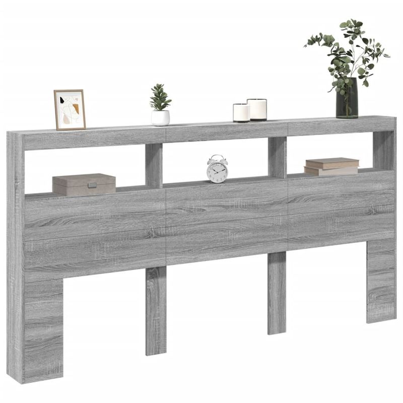 Casa si Gradina - Mobilier - Paturi si accesorii - Accesorii paturi - Tablie de pat cu dulap si LED, gri sonoma, 200x17x102 cm - Infinity.ro