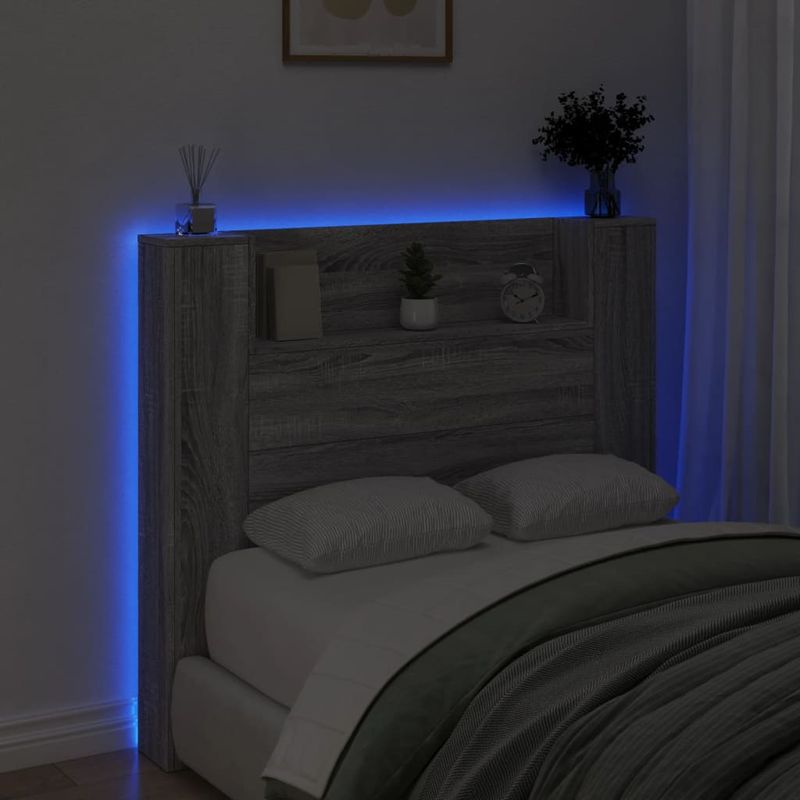 Casa si Gradina - Mobilier - Paturi si accesorii - Accesorii paturi - Tablie de pat cu dulap si LED, gri sonoma, 120x16,5x103,5 cm - Infinity.ro