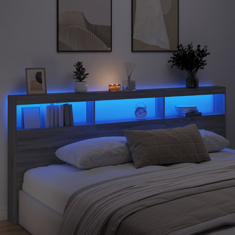 Casa si Gradina - Mobilier - Paturi si accesorii - Accesorii paturi - Tablie de pat cu dulap si LED, gri sonoma, 220x17x102 cm - Infinity.ro