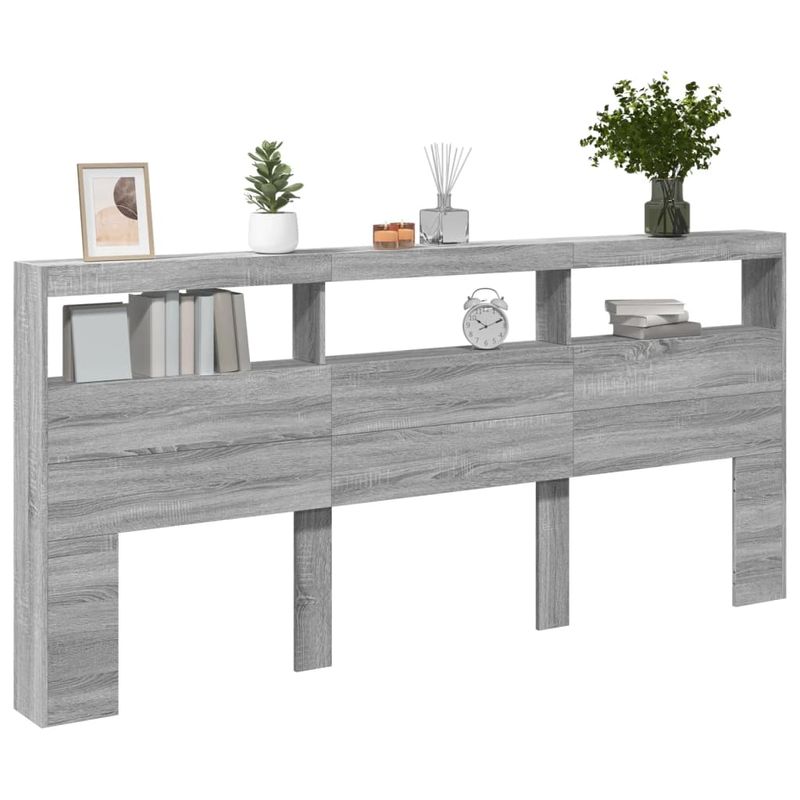 Casa si Gradina - Mobilier - Paturi si accesorii - Accesorii paturi - Tablie de pat cu dulap si LED, gri sonoma, 220x17x102 cm - Infinity.ro