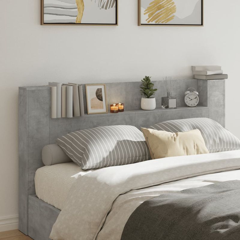 Casa si Gradina - Mobilier - Paturi si accesorii - Accesorii paturi - Tablie de pat cu dulap si LED, gri beton, 180x16,5x103,5 cm - Infinity.ro