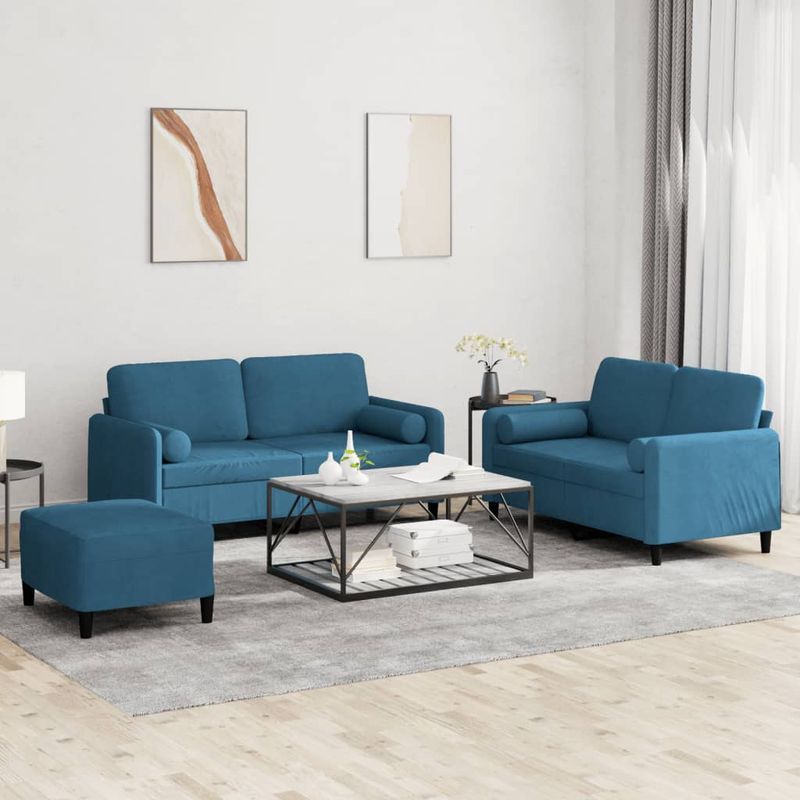 Casa si Gradina - Mobilier - Seturi de mobilier - Seturi living - Set de canapele cu perne, 3 piese, albastru, catifea - Infinity.ro
