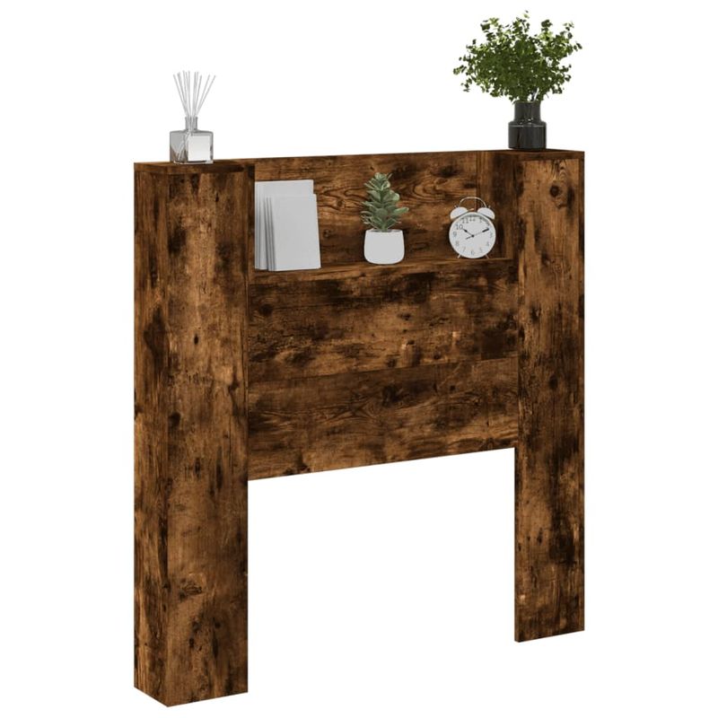 Casa si Gradina - Mobilier - Paturi si accesorii - Accesorii paturi - Tablie de pat cu dulap si LED, stejar fumuriu, 100x16,5x103,5cm - Infinity.ro